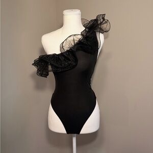 Black One-Shoulder Ruffle Bodysuit